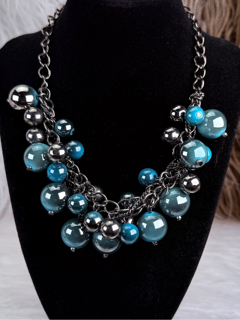 Vintage Gunmetal Blue Beaded Cluster Statement Necklace